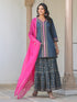 Janasya Women's Dark Blue Pure Cotton Floral Printed Straight Kurta With Sharara & Dupatta Set